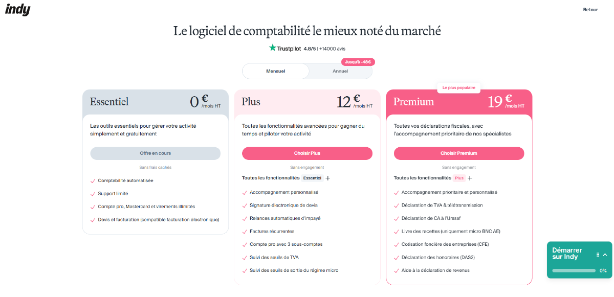 La grille tarifaire relevée dans le produit le 15 août 2026, vue mensuelle. Deux choses s'y lisent d'un coup : « Devis et facturation (compatible facturation électronique) » figure bien dans la formule à 0 €, et le compte utilisé pour notre essai porte la mention « Offre en cours » sur cette même colonne — c'est donc gratuitement que la facture de test a été émise. À droite, la frontière payante : relances automatiques d'impayé et factures récurrentes sont réservées à Plus, 12 € HT par mois en mensuel (9 € en annuel).