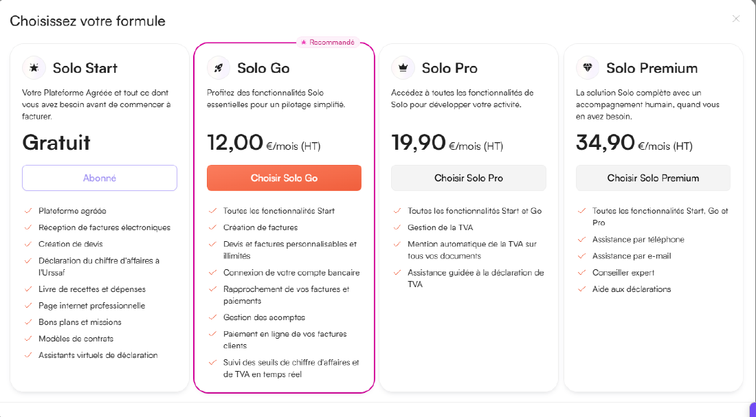 La grille tarifaire, relevée dans le produit le 15 août 2026. Tout se joue sur une ligne : « Création de factures » figure dans Solo Go, à 12 € HT par mois, et non dans la formule gratuite — laquelle donne la plateforme agréée, la réception des factures électroniques et la création de devis.